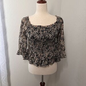 Anthropologie Patrons Of Peace Womens Blouse Large Floral Square Neck Chiffon
